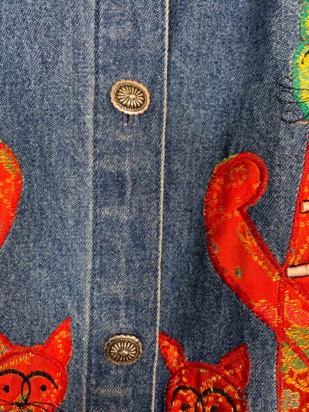 Tantrums Denim Jacket Women's Large Appliqué Cats Asian Flair Whimsical Artsy - Picture 8 of 16